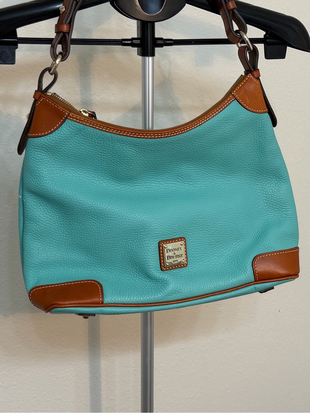 Dooney & Bourke Turquoise Leather Pebble Grain Hobo Shoulder Bag with Brown Trim